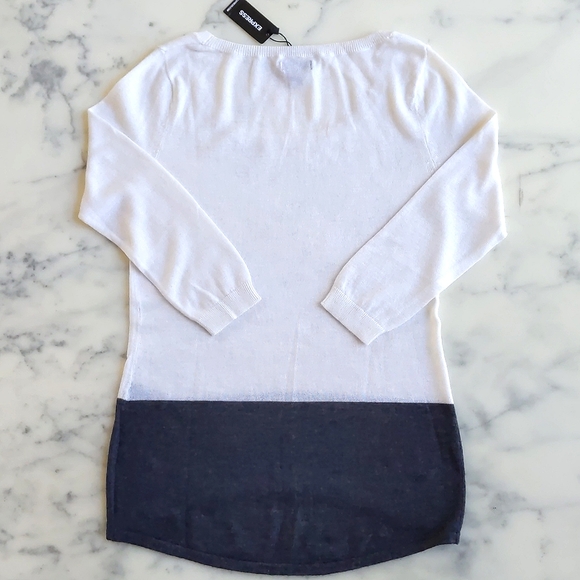 NWT.Express Rayon/Wool Blended High-Low White/Grey 3/4 Sleeve Scoop Neck Sweater - Picture 2 of 4